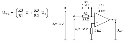 Na rysunku pokazano układ wzmacniacza sumującego napięcia 