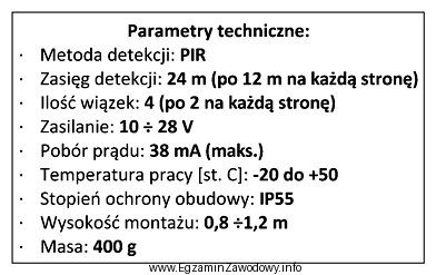 Parametry techniczne podane w tabeli określają czujkę PIR