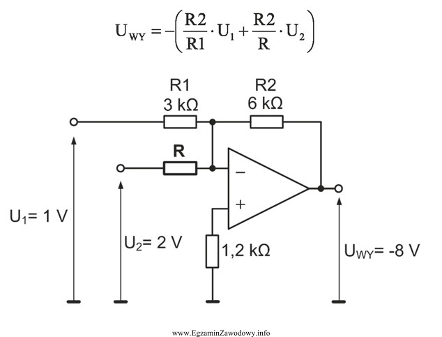 Na rysunku pokazano układ wzmacniacza sumującego napięcia 