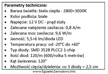 Do wykonania instalacji oświetleniowej zastosowano taśmę LED o 