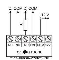 Na rysunku przedstawiono schemat połączeń czujki ruchu w 