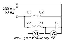 Na przedstawionym schemacie układu pomiarowego silnika jednofazowego woltomierz V1 