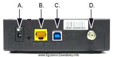 Na rysunku przedstawiono modem przewodowy. Wskaż gniazdo uniwersalnej magistrali szeregowej 