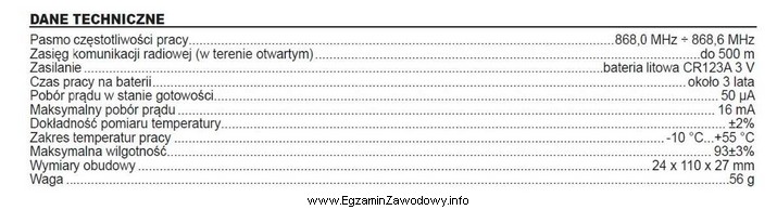 Na zdjęciu przedstawiono fragment danych technicznych bezprzewodowego czujnika temperatury. 