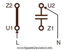 Kondensator, w układzie zasilania silnika, którego tabliczkę zaciskową 