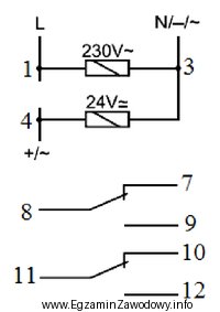 Na podstawie fragmentu dokumentacji przekaźnika wskaż zaciski, do których 