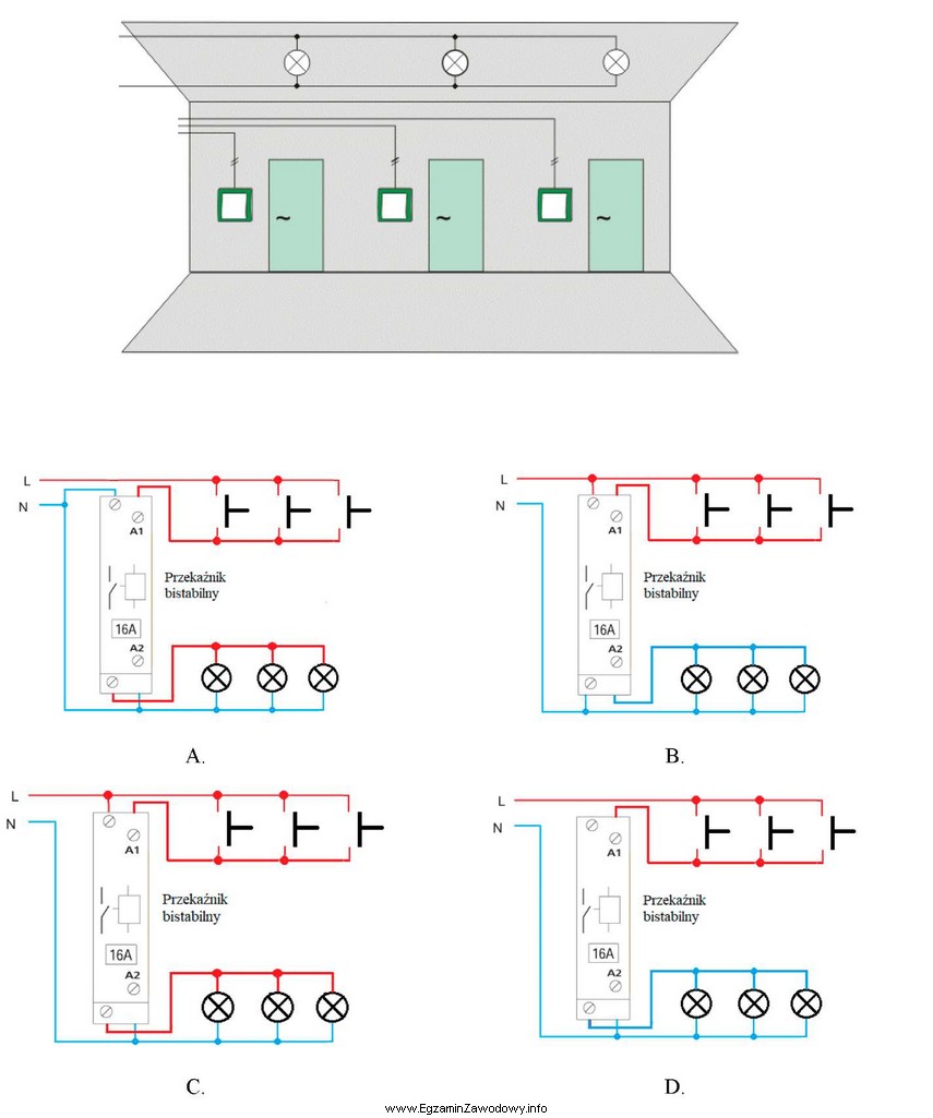 Który schemat montażowy instalacji oświetleniowej przedstawionej na 