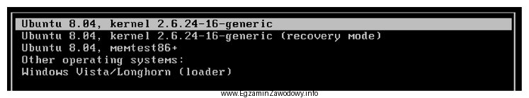 Na obrazie przedstawiono menu programu GRUB. Którą opcję należ