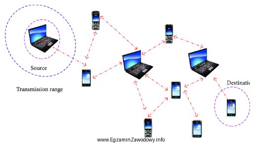 Na schemacie przedstawiono sieć o bezprzewodowej zdecentralizowanej strukturze zwanej