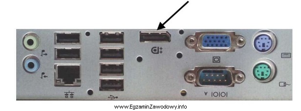 Na rysunku przedstawiono tylny panel stacji roboczej. Strzałką oznaczono 