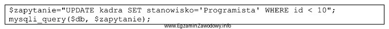 W kodzie PHP wykonano przedstawioną operację na bazie danych. Któ