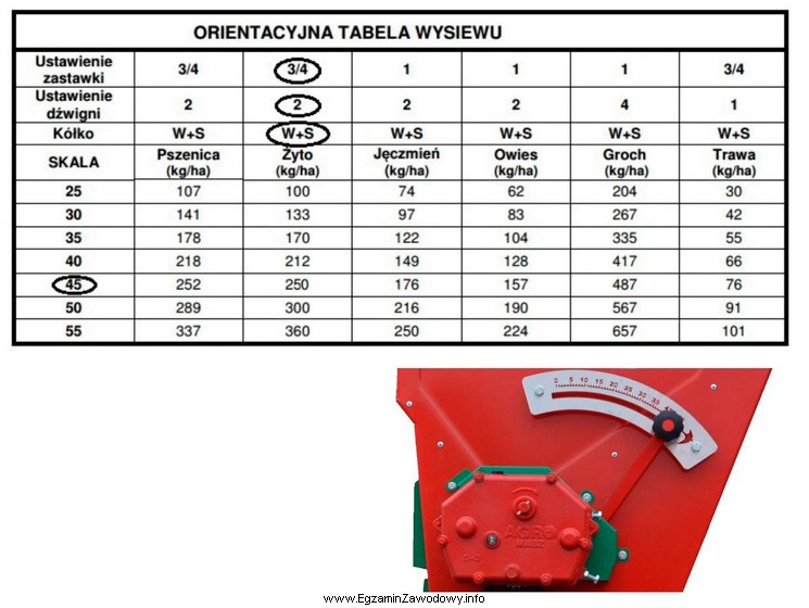 Regulując siewnik na 250 kg/ha żyta ustawiono parametry 