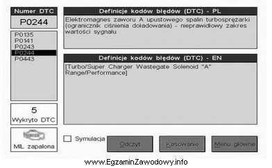 Przedstawiony widok ekranu komputerowego urządzenia diagnostycznego informuje o niesprawnoś