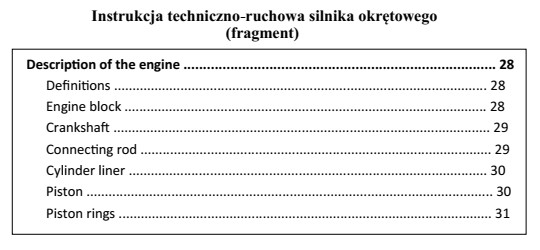 Na podstawie fragmentu instrukcji techniczno-ruchowej silnika spalinowego w języku 