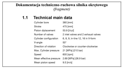 Dane techniczne zawarte w zamieszczonym fragmencie dokumentacji techniczno-ruchowej dotyczą silnika