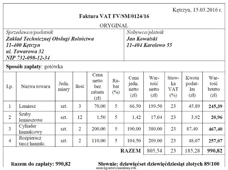 Na podstawie informacji zapisanych na fakturze za części 