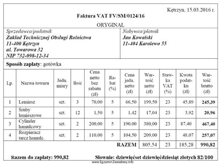 Na podstawie informacji zapisanych na fakturze oblicz całkowity koszt 