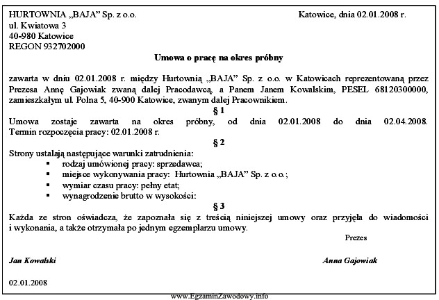 W przedstawionej umowie nie występują informacje dotyczące