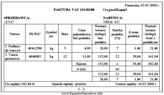 Na podstawie zapisów w zamieszczonym fragmencie faktury, określ 