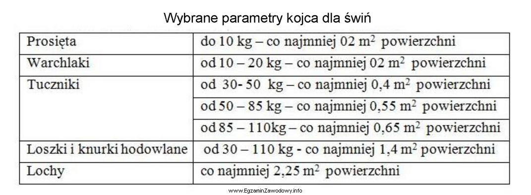 Całkowita powierzchnia kojca dla 10 tuczników o masie ciał