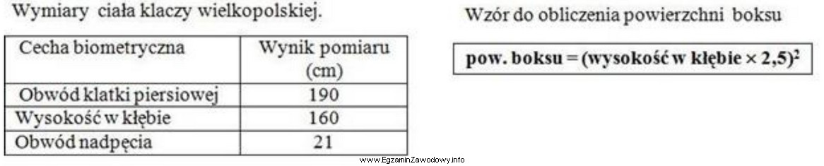 Na podstawie zamieszczonego wzoru oraz podanych wymiarów klaczy oblicz 