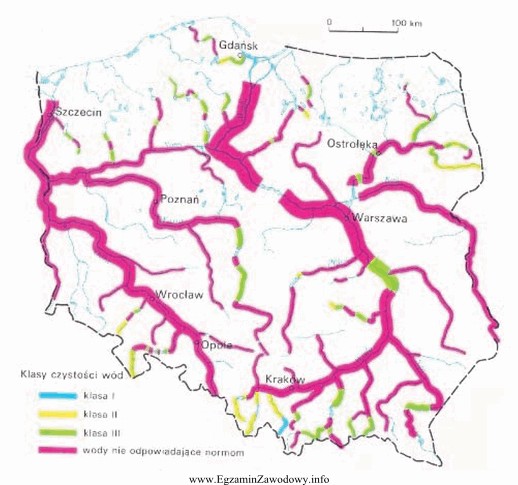 Na podstawie mapy, określ klasy czystości wody rzeki 