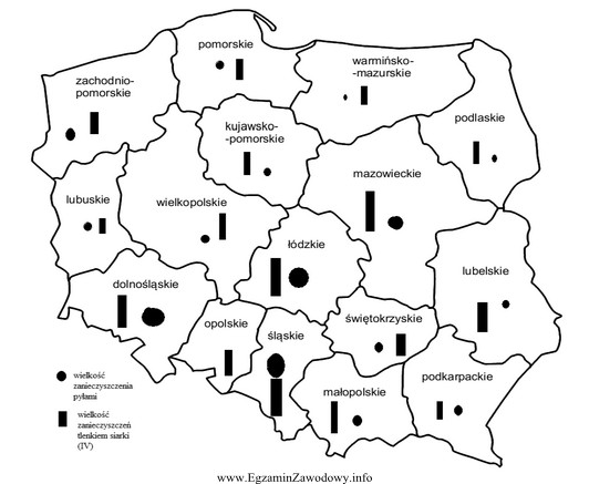 Na mapie Polski zamieszczono wyniki pomiarów zanieczyszczeń powietrza atmosferycznego. 