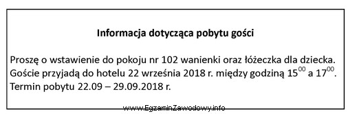 Komu recepcjonista powinien przekazać zamieszczoną w ramce informację dotyczącą 