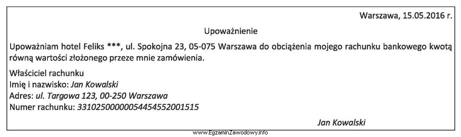 Na podstawie sporządzonego przez gościa upoważnienia okreś