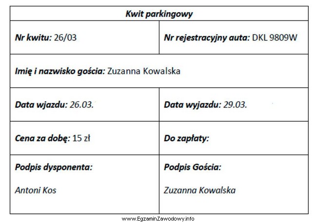 Na podstawie zamieszczonego kwitu, oblicz kwotę do zapłaty za 