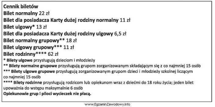 Na podstawie przedstawionego cennika oblicz koszt zakupu biletów do 
