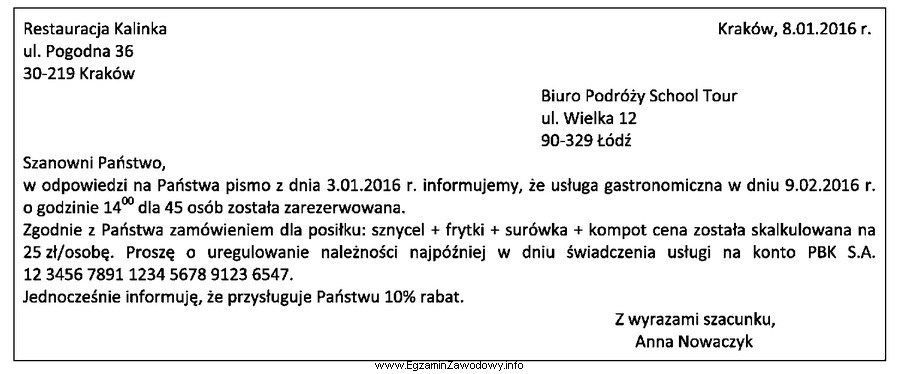 Oblicz koszt usługi gastronomicznej, zgodnie z informacjami w zamieszczonym 