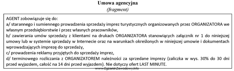 Z zamieszczonego fragmentu umowy agencyjnej wynika, że agent zobowią