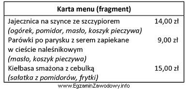 Zamieszczony fragment karty menu jest właściwy dla oferty