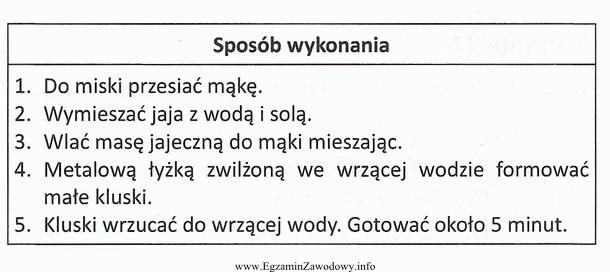 W tabeli przedstawiono sposób wykonania klusek