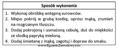 Przedstawiony sposób wykonania potrawy należy stosować do sporzą