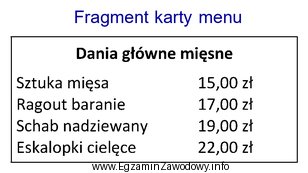 Na podstawie zamieszczonego fragmentu karty menu wskaż danie głó