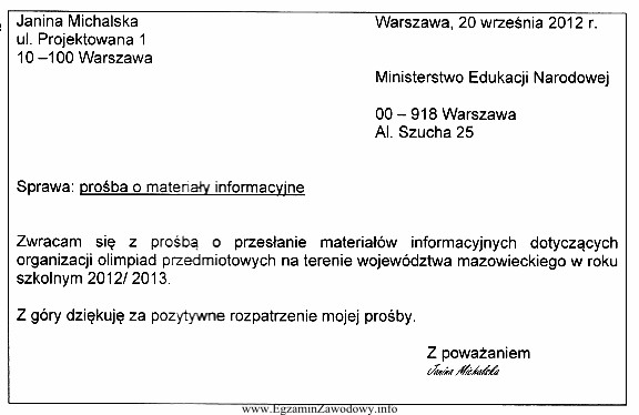 Pismo jest sporządzone w układzie