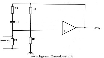 W generatorze z mostkiem Wiena, przedstawionym na rysunku, elementy R1, 