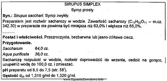 Wykonany zgodnie z monografią farmakopealną Sirupus Simplex