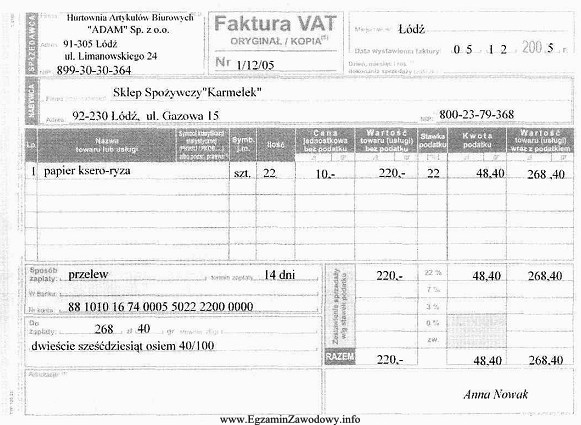 Na podstawie przedstawionej faktury VAT określ sposób zapł