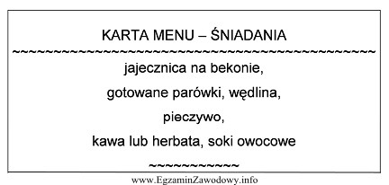 Prezentowany fragment karty menu to śniadanie