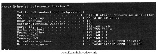 Na poniższym ekranie I pokazano adres MAC karty sieciowej 