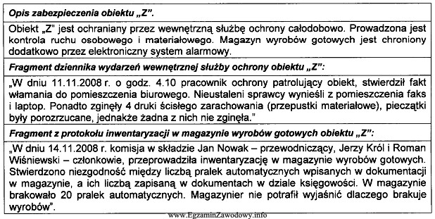 Na podstawie opisu zabezpieczenia obiektu, fragmentu dziennika wydarzeń oraz fragmentu 