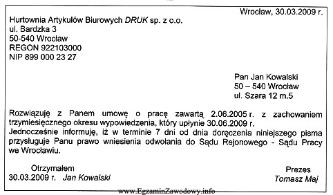 Zamieszczone wypowiedzenie umowy o pracę zawartej na czas nieokreślony 