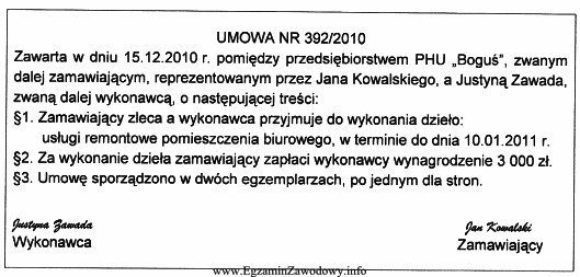 Na podstawie zamieszczonego fragmentu umowy określ, jaka to umowa.