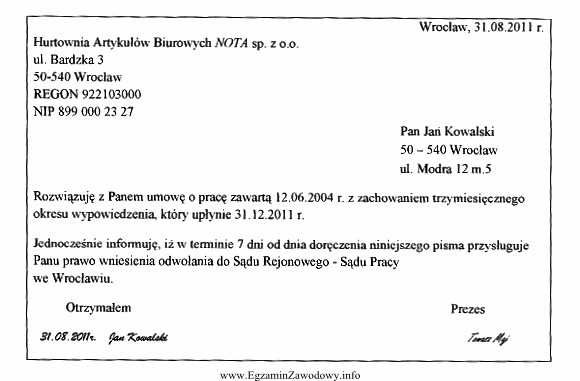 Zamieszczone wypowiedzenie umowy o pracę zawartej na czas nieokreślony 