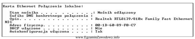 Dla sprawdzenia konfiguracji karty sieciowej komputera użyto polecenia ipconfig /