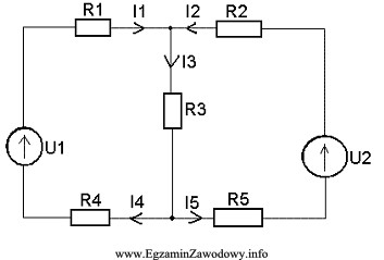 Dla przedstawionego obwodu elektrycznego wzór wykorzystujący I prawo 