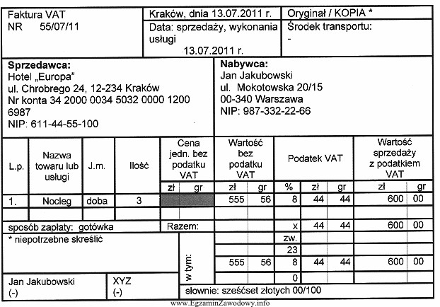 Jaką cenę jednostkową bez podatku VAT wpisze recepcjonista w zaznaczonym 